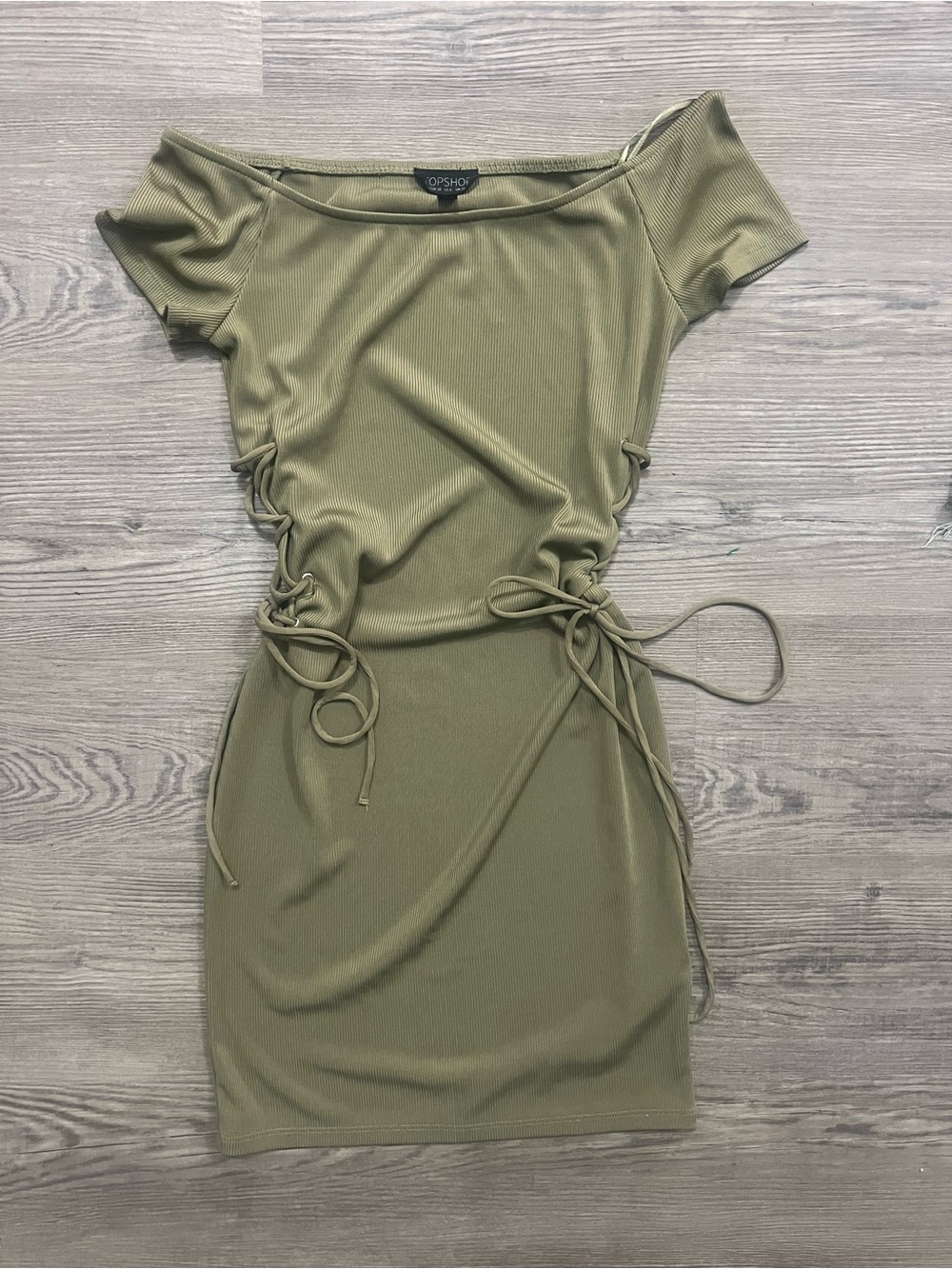 Topshop Olive Green Side-Tie Off-Shoulder Mini Dress